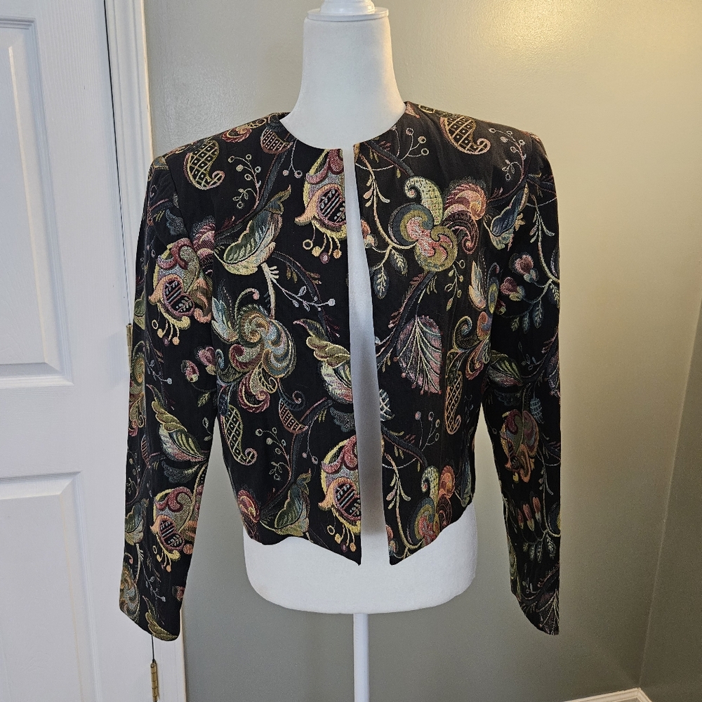 Doncaster Black Floral Paisley Print Women's Size 8 Eight Open Front Jacket